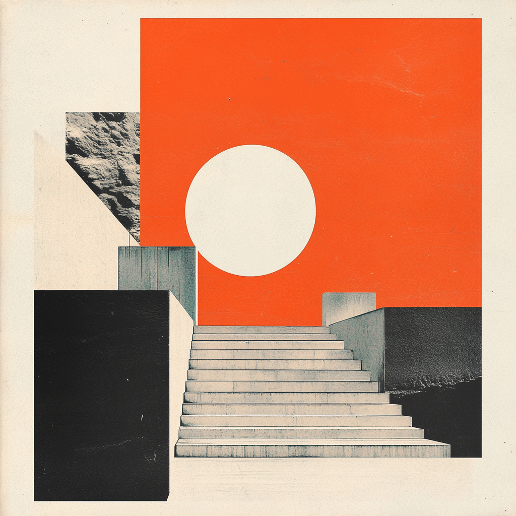 Retro-futurist architectural collage — concrete staircase ascending into a flame-orange field, a white moon centered above. A visual cue for the structured-compliance idea Kestrel is built around.