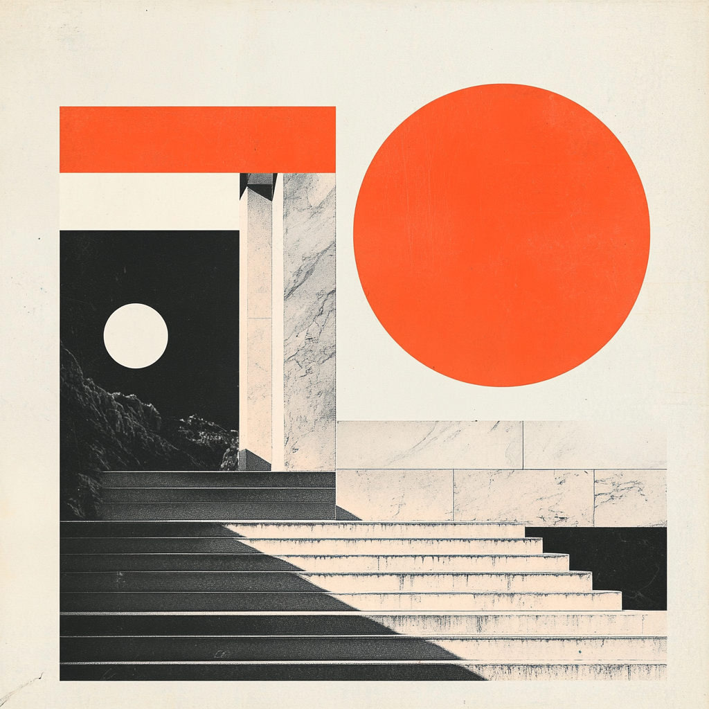 Architectural collage in flame orange and linen — an orange sun rising over a dark doorway with a white moon, set above ascending marble stairs.